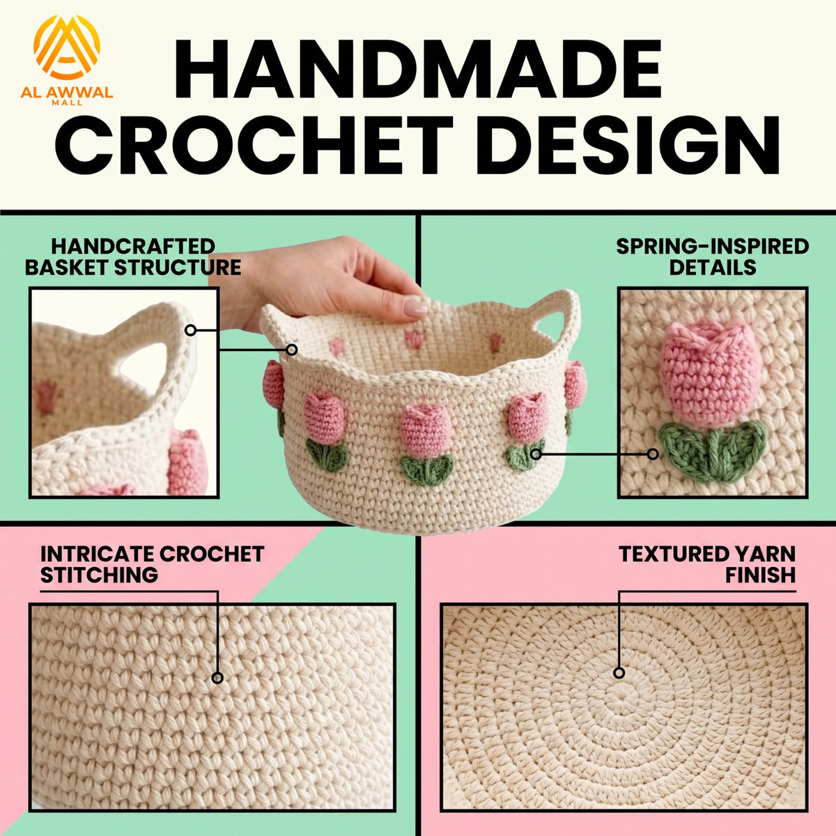Handmade Crochet Cream Basket Table Organizer with Pink Roses and Green Leaf Details