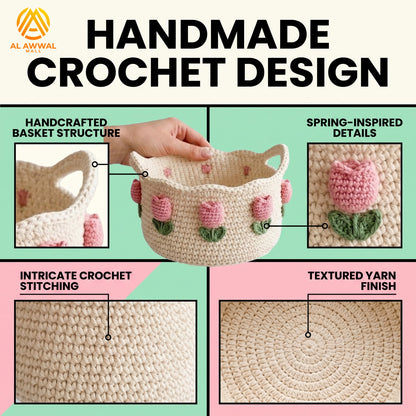 Handmade Crochet Cream Basket Table Organizer with Pink Roses and Green Leaf Details