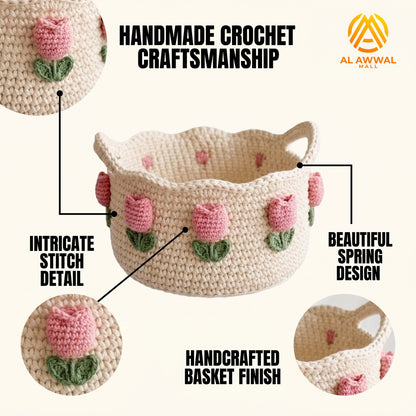 Handmade Crochet Cream Basket Table Organizer with Pink Roses and Green Leaf Details