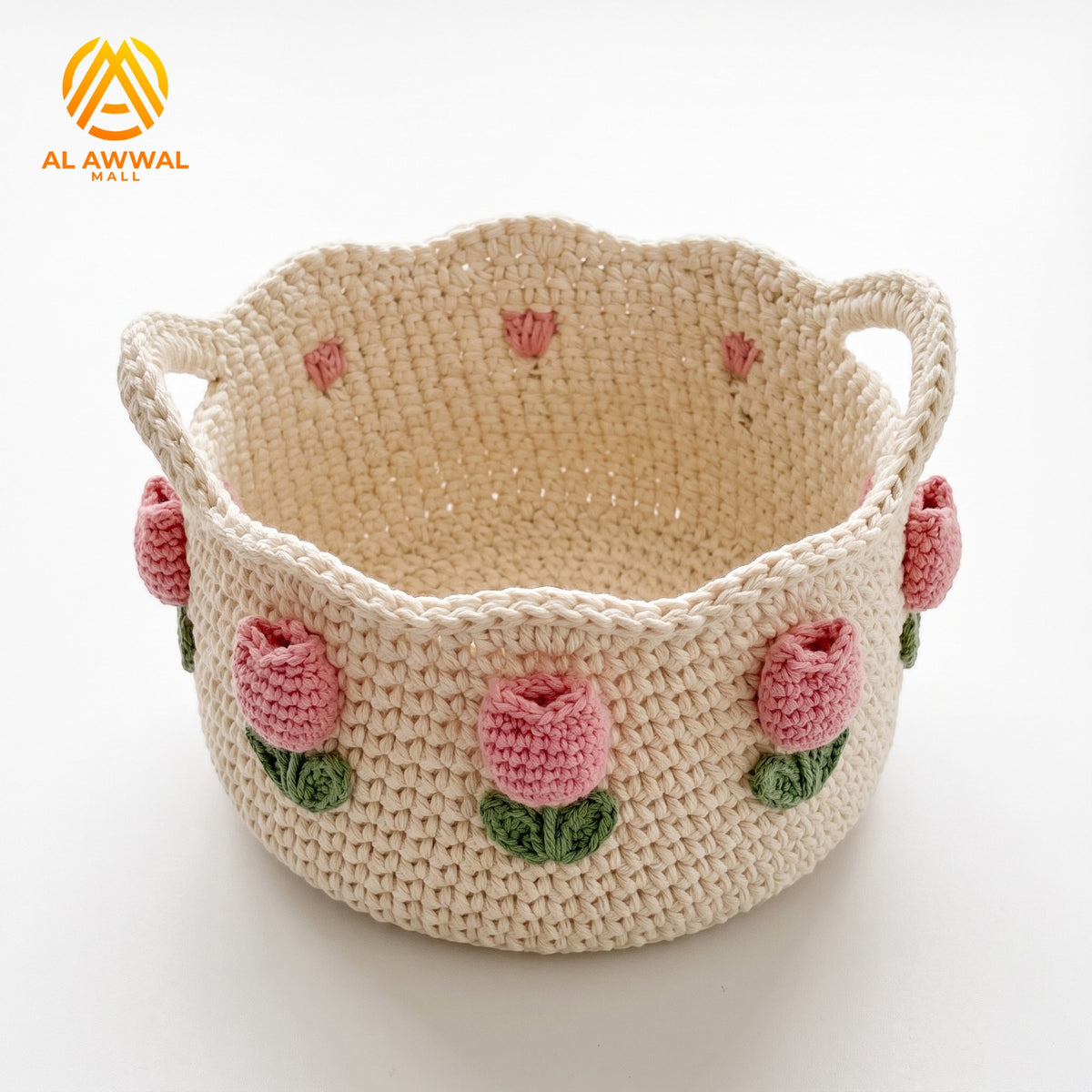 Handmade Crochet Cream Basket Table Organizer with Pink Roses and Green Leaf Details