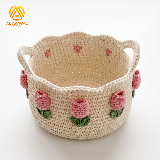 Handmade Crochet Cream Basket Table Organizer with Pink Roses and Green Leaf Details