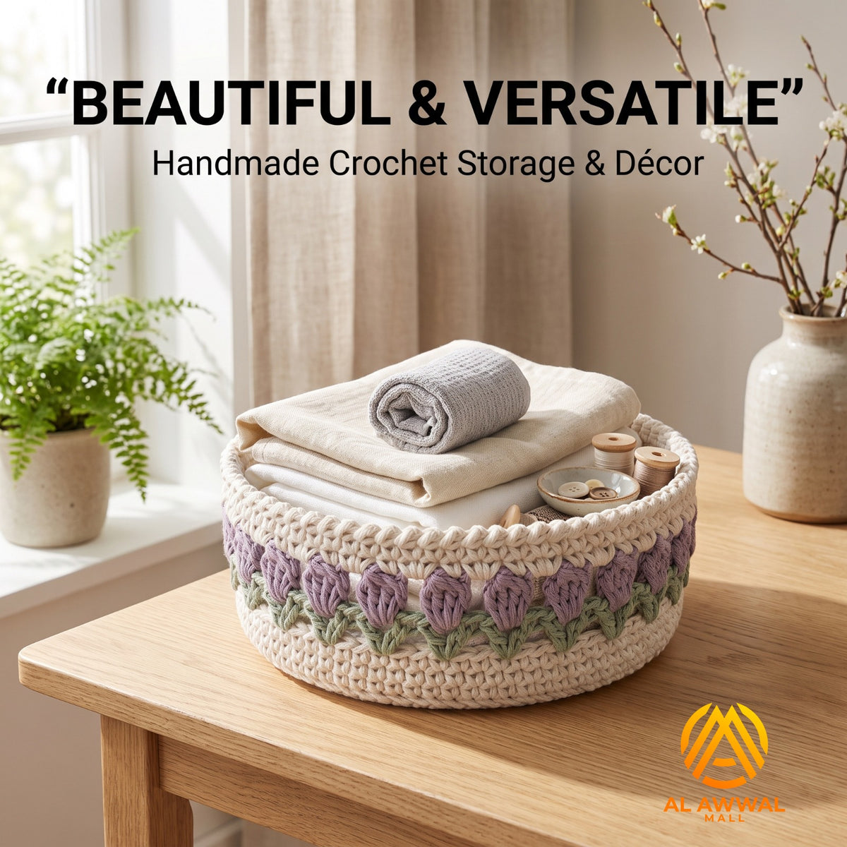 Handmade Crochet Cream Basket Table Organizer with Purple Flowers and Green Leaves