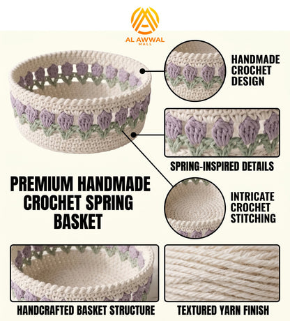 Handmade Crochet Cream Basket Table Organizer with Purple Flowers and Green Leaves