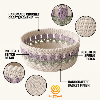 Handmade Crochet Cream Basket Table Organizer with Purple Flowers and Green Leaves
