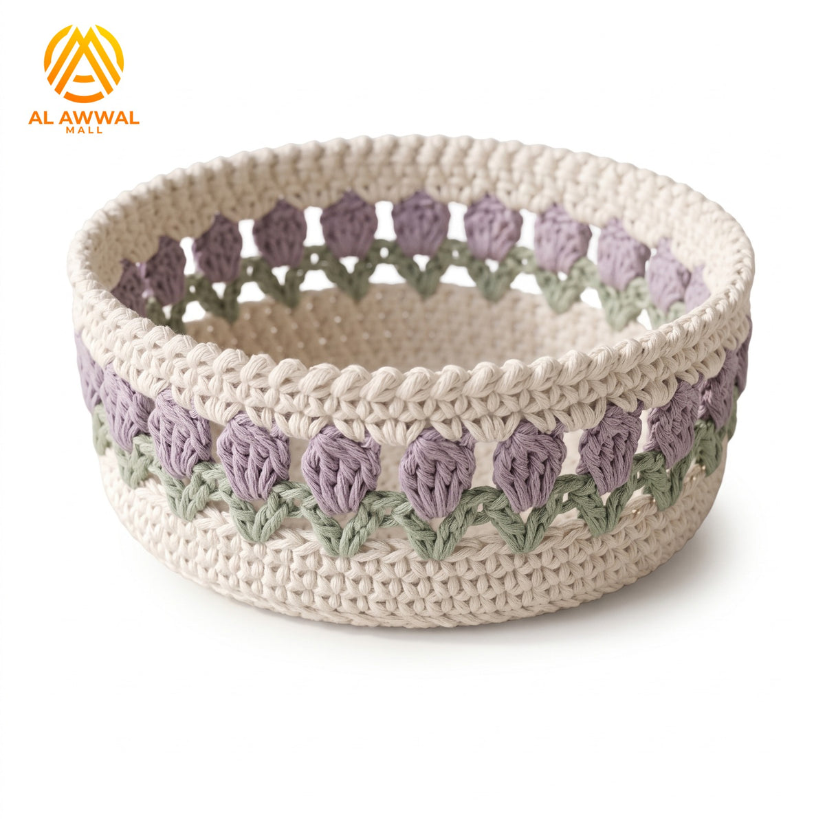 Handmade Crochet Cream Basket Table Organizer with Purple Flowers and Green Leaves