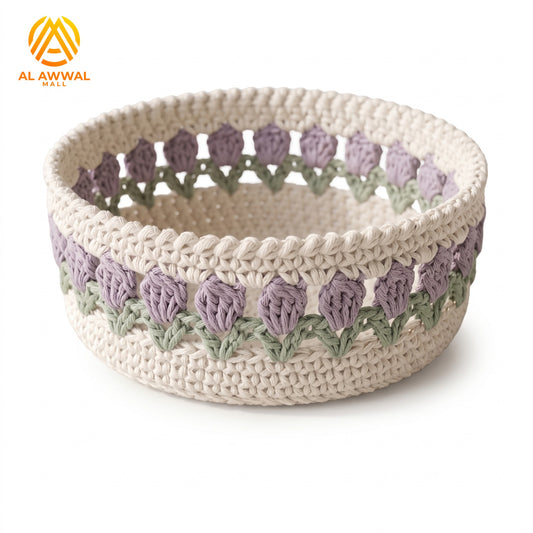Handmade Crochet Cream Basket Table Organizer with Purple Flowers and Green Leaves