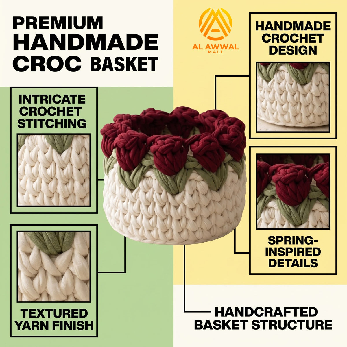 Handmade Crochet Rope-Style Basket with Rose Flowers and Green Leaf Details