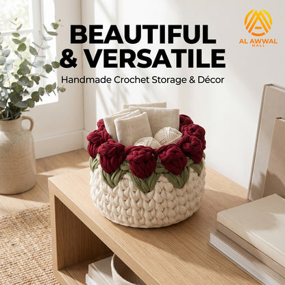 Handmade Crochet Rope-Style Basket with Rose Flowers and Green Leaf Details