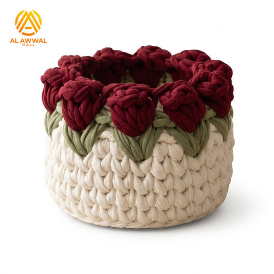 Handmade Crochet Rope-Style Basket with Rose Flowers and Green Leaf Details
