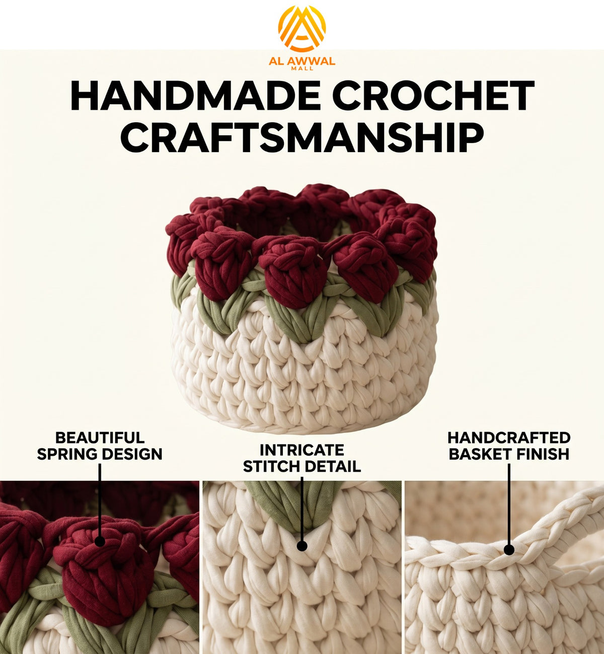 Handmade Crochet Rope-Style Basket with Rose Flowers and Green Leaf Details