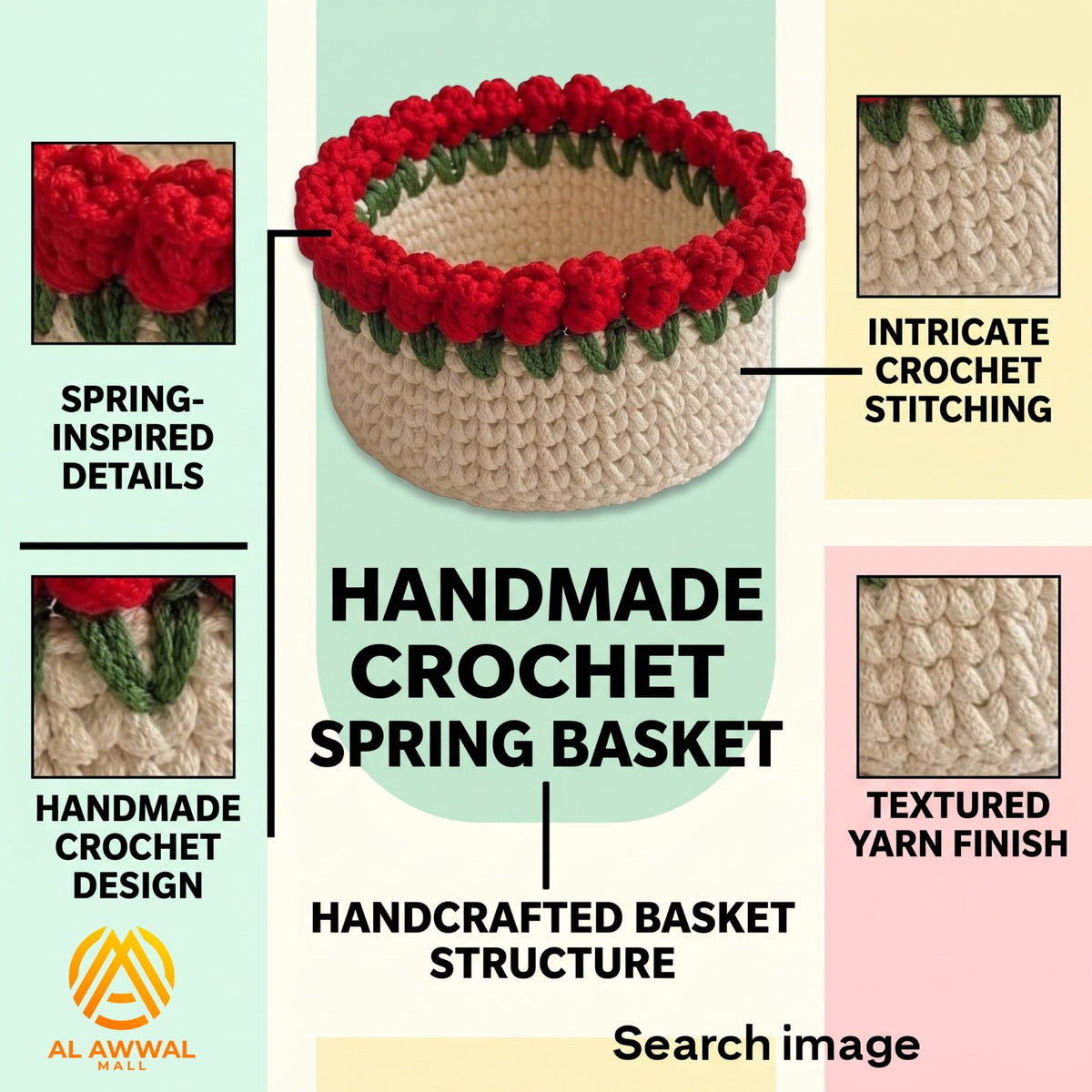 Handmade Crochet Cream Bowl-Shaped Basket with Red Roses and Green Leaves