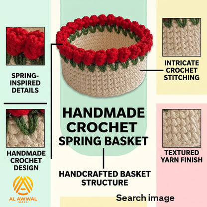 Handmade Crochet Cream Bowl-Shaped Basket with Red Roses and Green Leaves