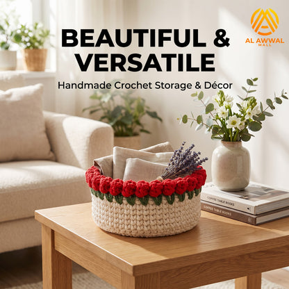 Handmade Crochet Cream Bowl-Shaped Basket with Red Roses and Green Leaves