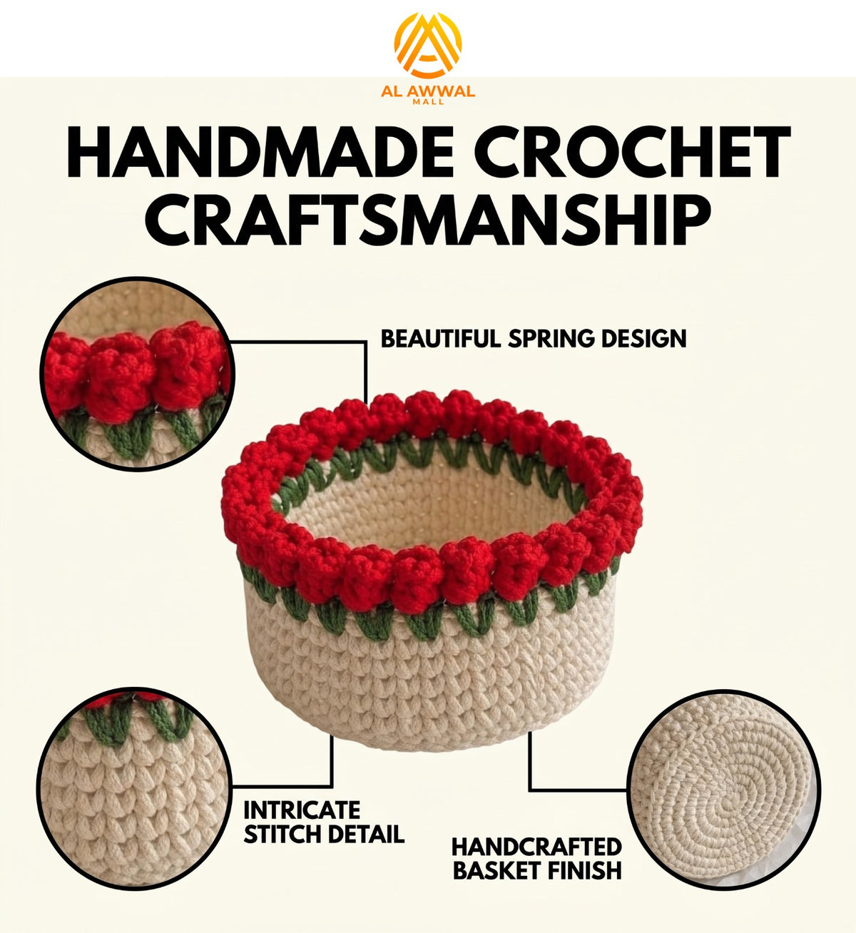 Handmade Crochet Cream Bowl-Shaped Basket with Red Roses and Green Leaves