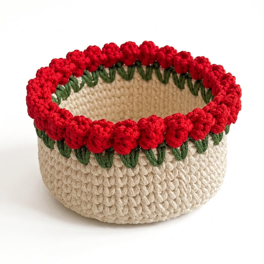 Handmade Crochet Cream Bowl-Shaped Basket with Red Roses and Green Leaves