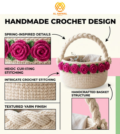 Handmade Crochet Green Basket with Braided Handle, Pink Roses and Green Leaf Details