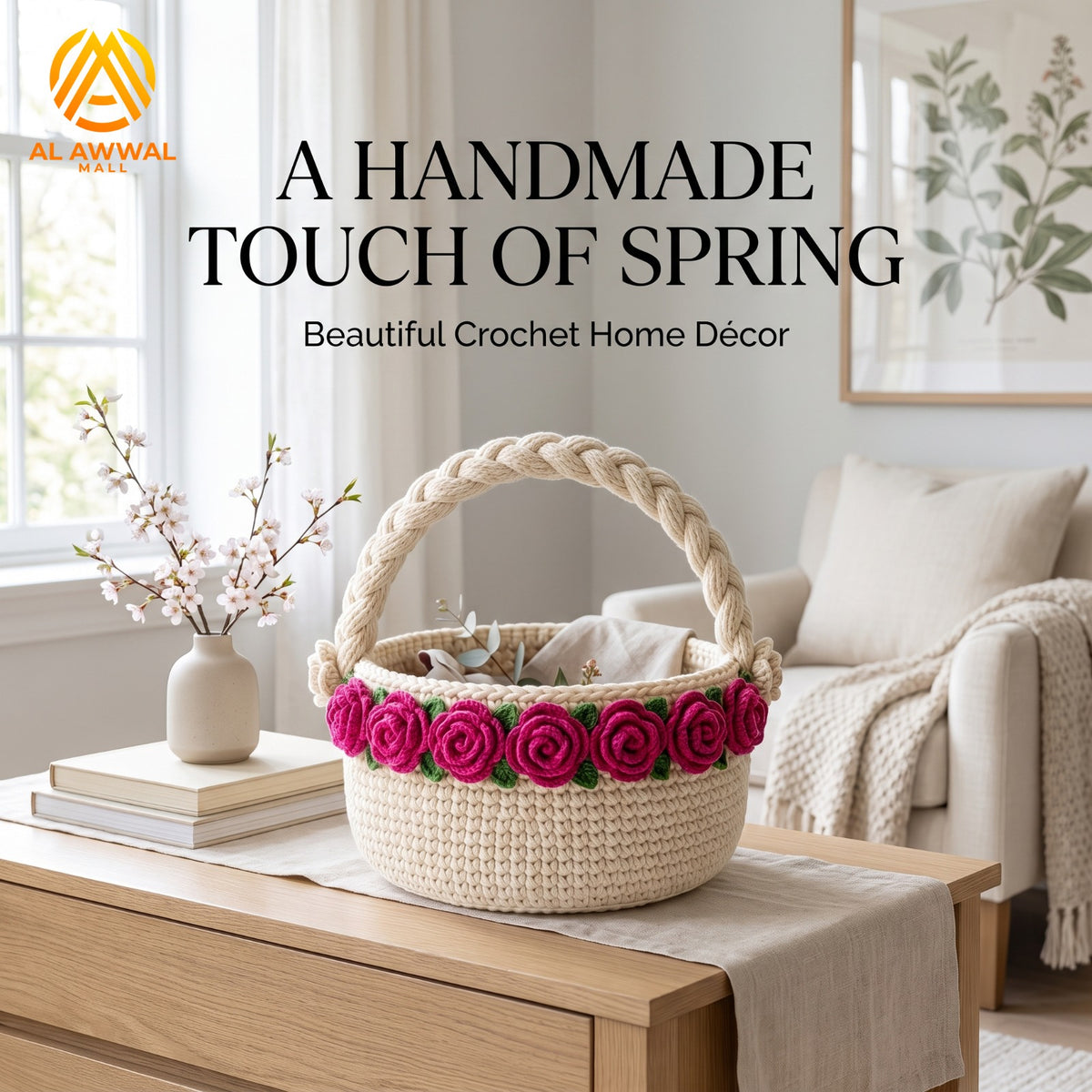Handmade Crochet Green Basket with Braided Handle, Pink Roses and Green Leaf Details