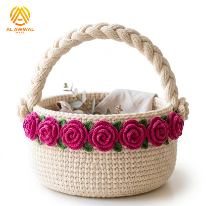 Handmade Crochet Green Basket with Braided Handle, Pink Roses and Green Leaf Details
