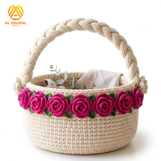 Handmade Crochet Green Basket with Braided Handle, Pink Roses and Green Leaf Details