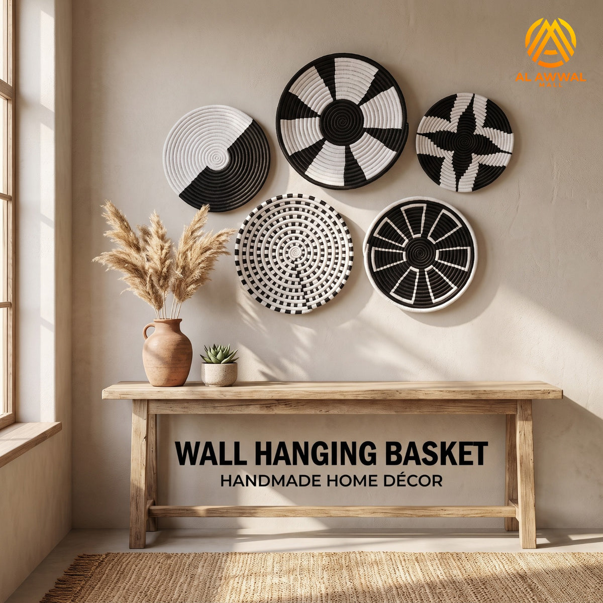 Handmade Crochet Wall Hanging Baskets Set of 5 – Black and White Home Decor