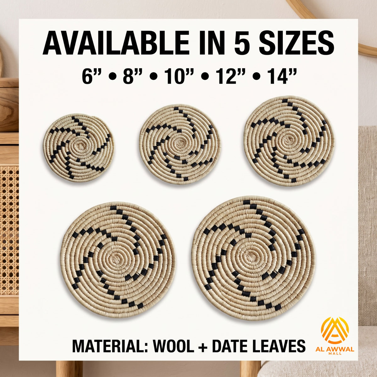 Handmade Wool and Date Palm Leaf Wall Decor Set of 5 – Natural Boho Wall Hanging