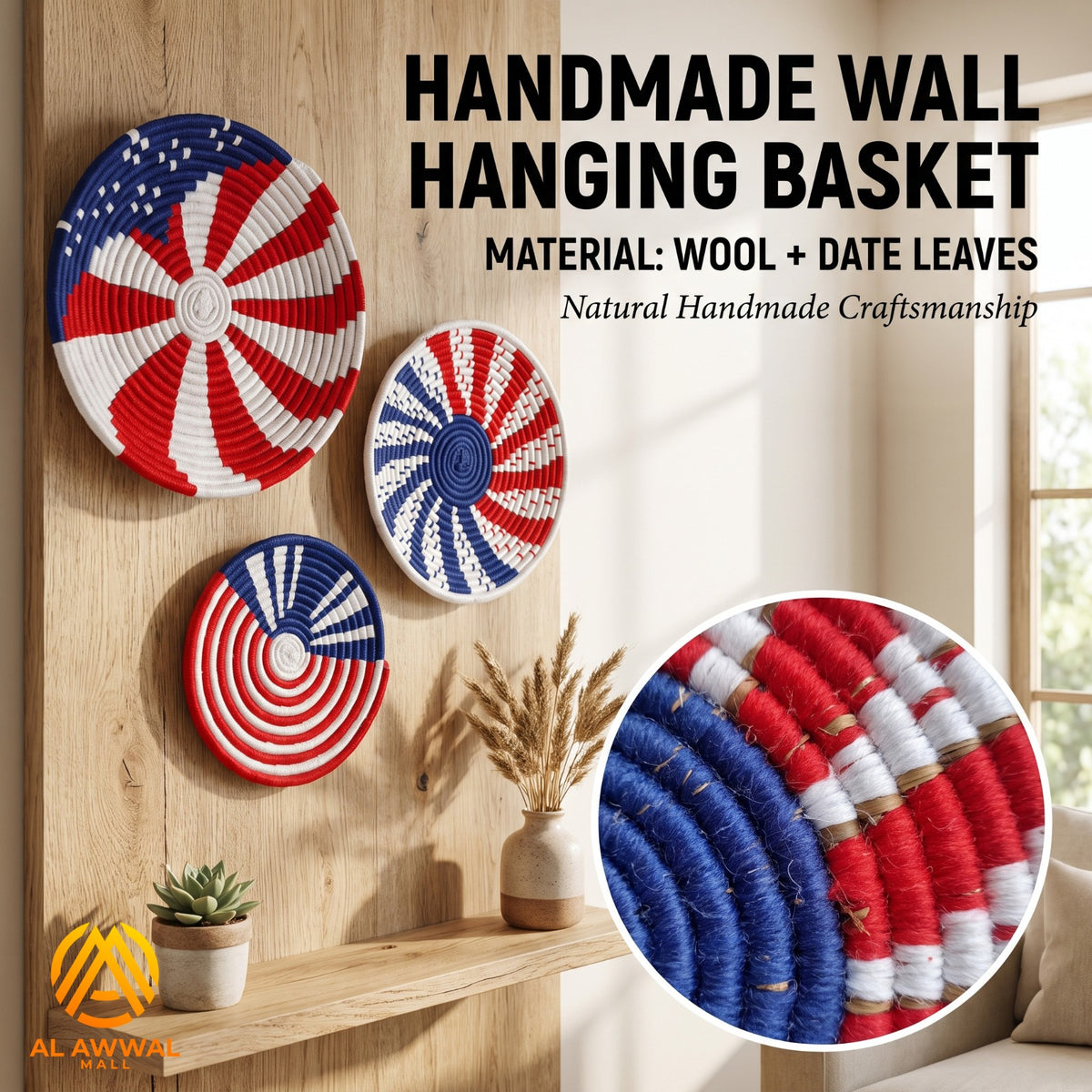 Handmade Wool Wrapped Wall Hanging Set of 5 – Red, Navy Blue and White Boho Decor