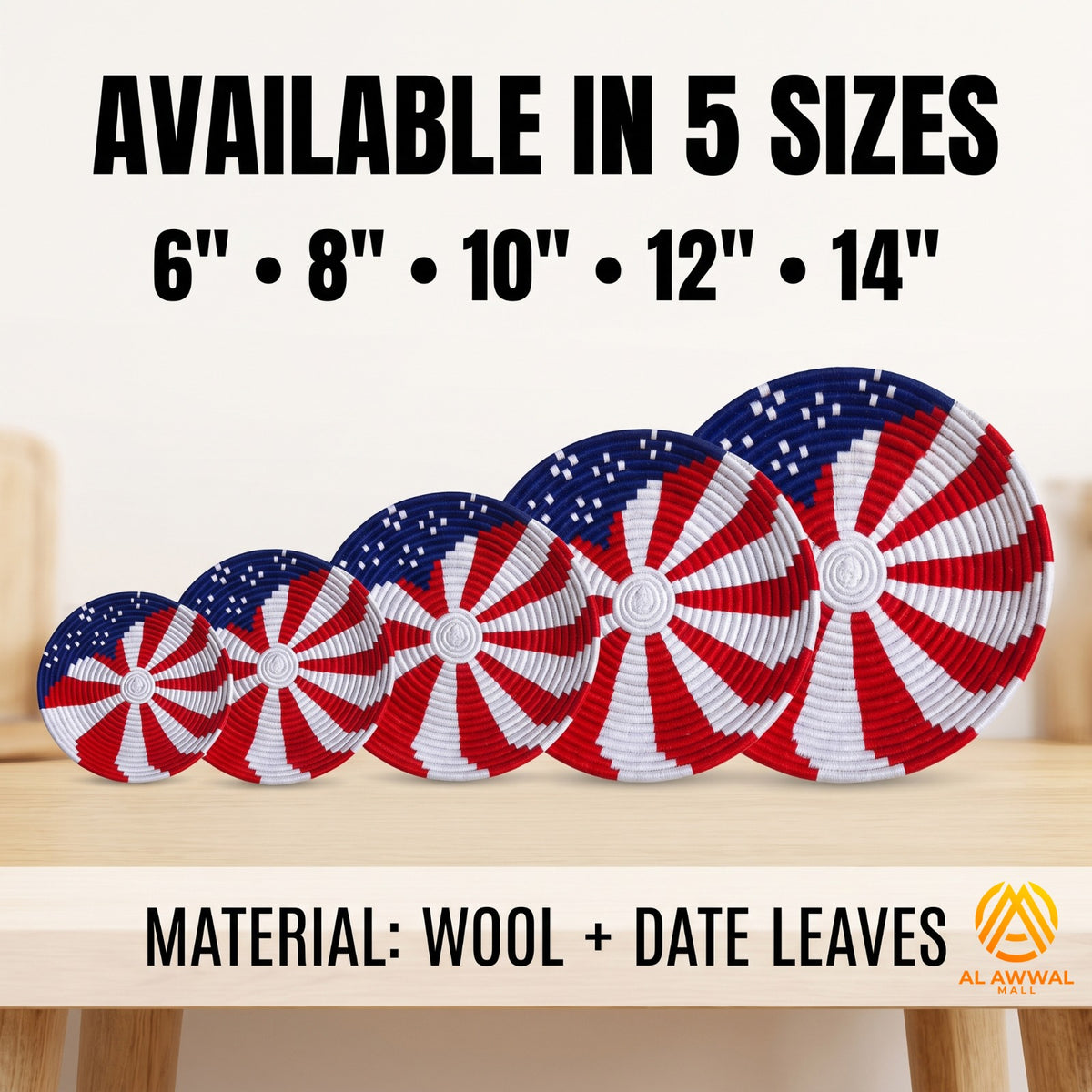 Handmade Wool Wrapped Wall Hanging Set of 5 – Red, Navy Blue and White Boho Decor