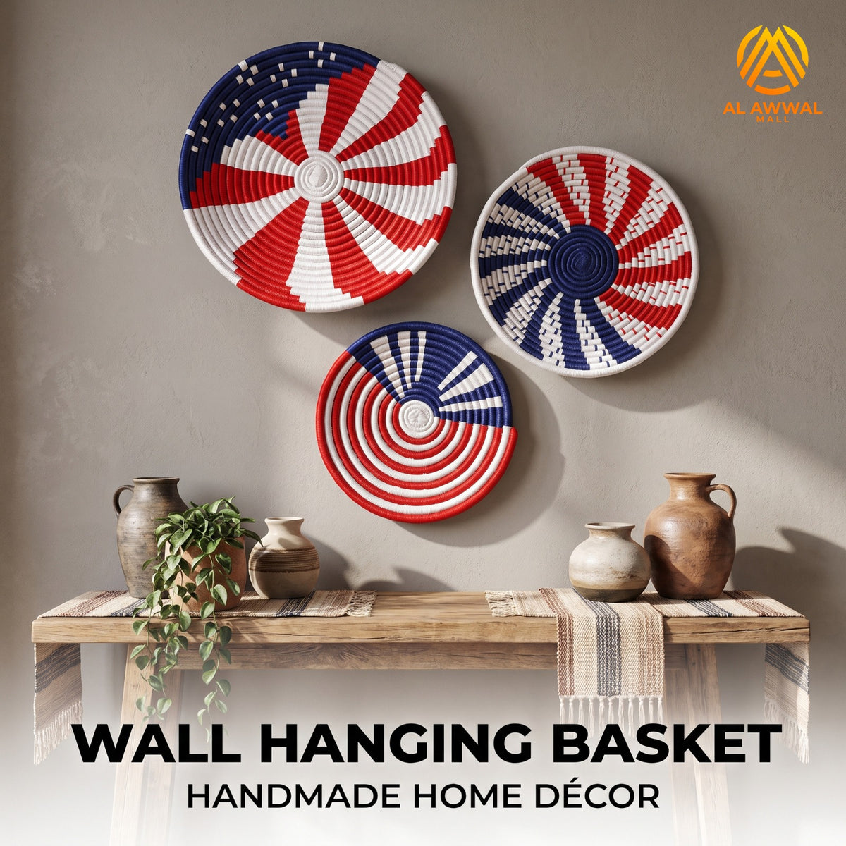 Handmade Wool Wrapped Wall Hanging Set of 5 – Red, Navy Blue and White Boho Decor