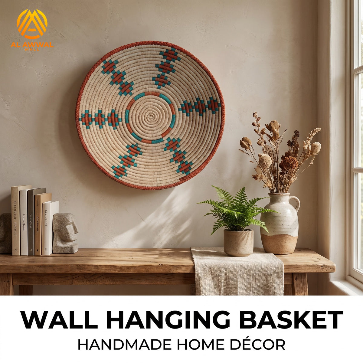 Handmade Dried Leaf Wall Hanging with Mustard and Blue Wool Details – 5 Sizes Available