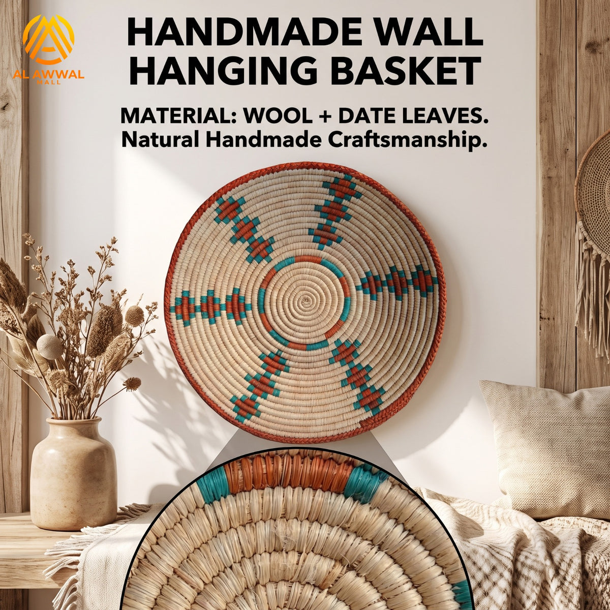 Handmade Dried Leaf Wall Hanging with Mustard and Blue Wool Details – 5 Sizes Available