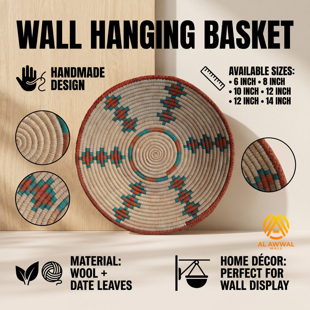 Handmade Dried Leaf Wall Hanging with Mustard and Blue Wool Details – 5 Sizes Available