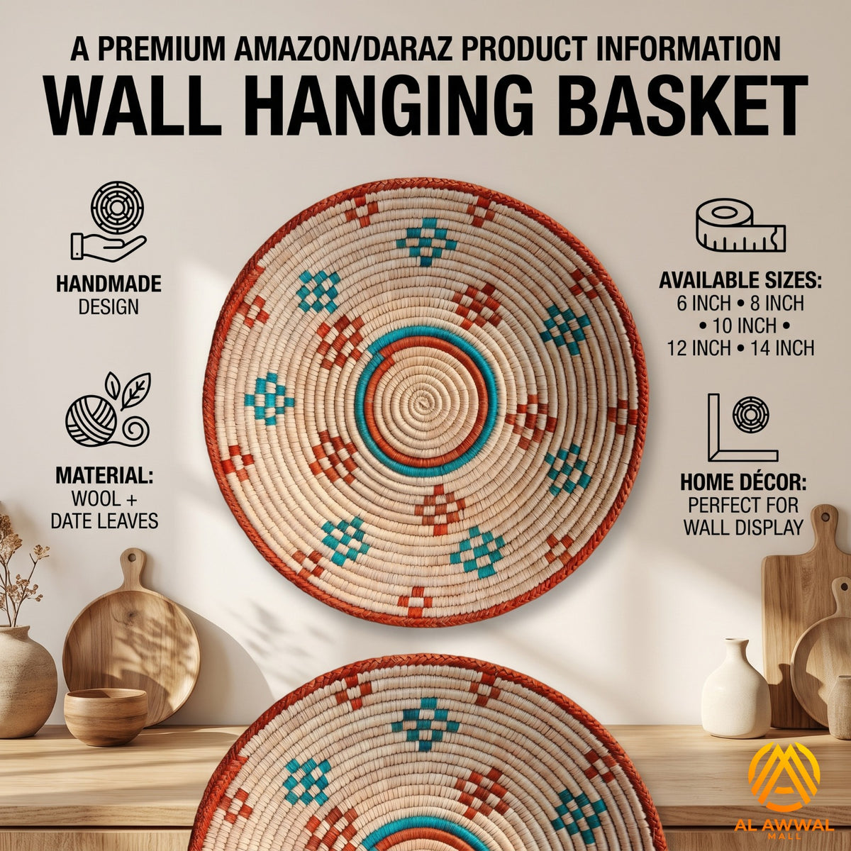 Handmade Dried Leaf Wall Hanging with Blue and Mustard Motifs – 5 Sizes Available