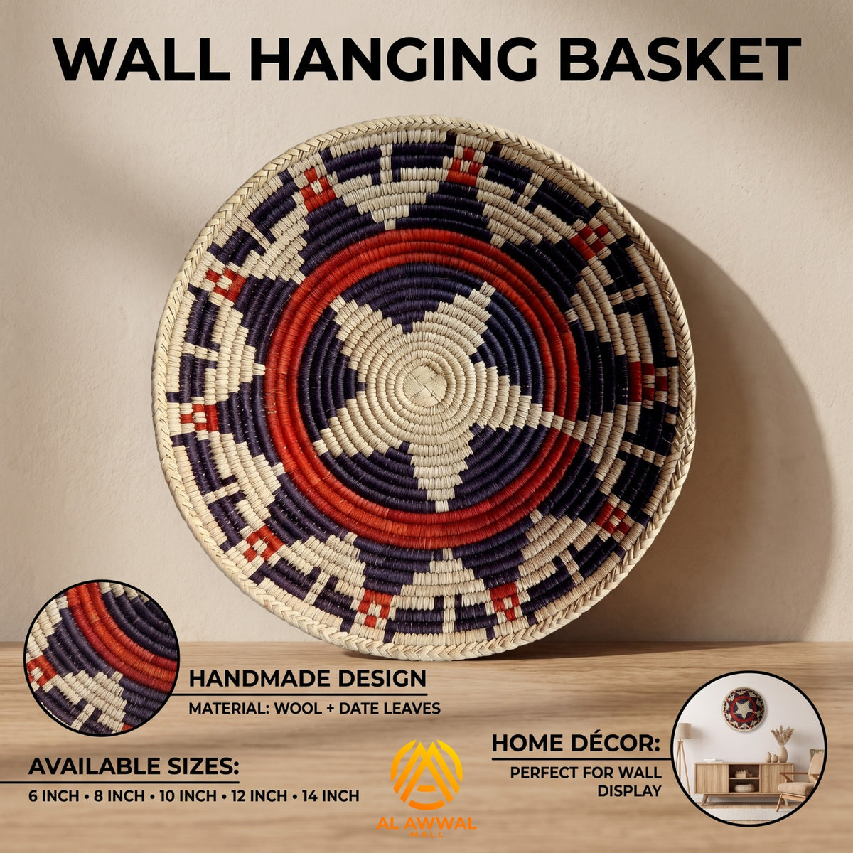 Handmade Dried Leaf Round Wall Hanging with Mustard and Black Star Design