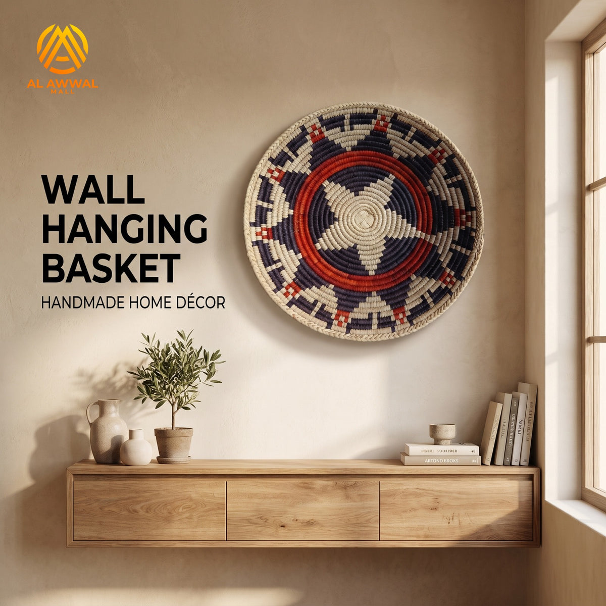 Handmade Dried Leaf Round Wall Hanging with Mustard and Black Star Design