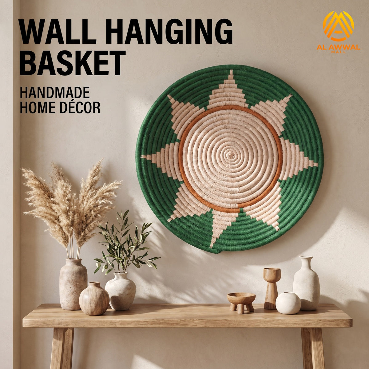 Handmade Dried Date Palm Leaf Wall Hanging with Sun and Rays Design in Green