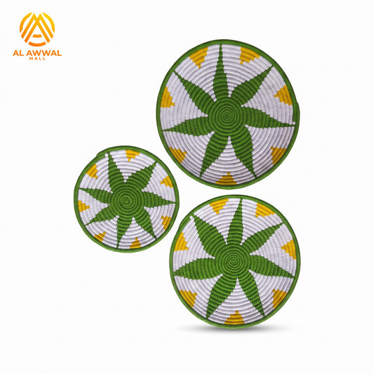 Handmade Round Dried Date Leaf Wall Hanging with Green Starfish and Yellow Details