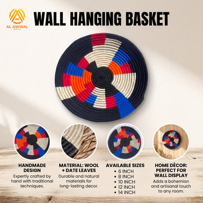 Handmade Dried Date Palm Leaf Wall Hanging with Black Wool and Different Color Details