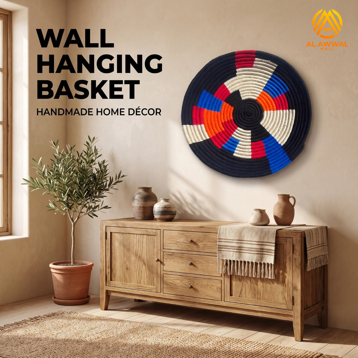 Handmade Dried Date Palm Leaf Wall Hanging with Black Wool and Different Color Details