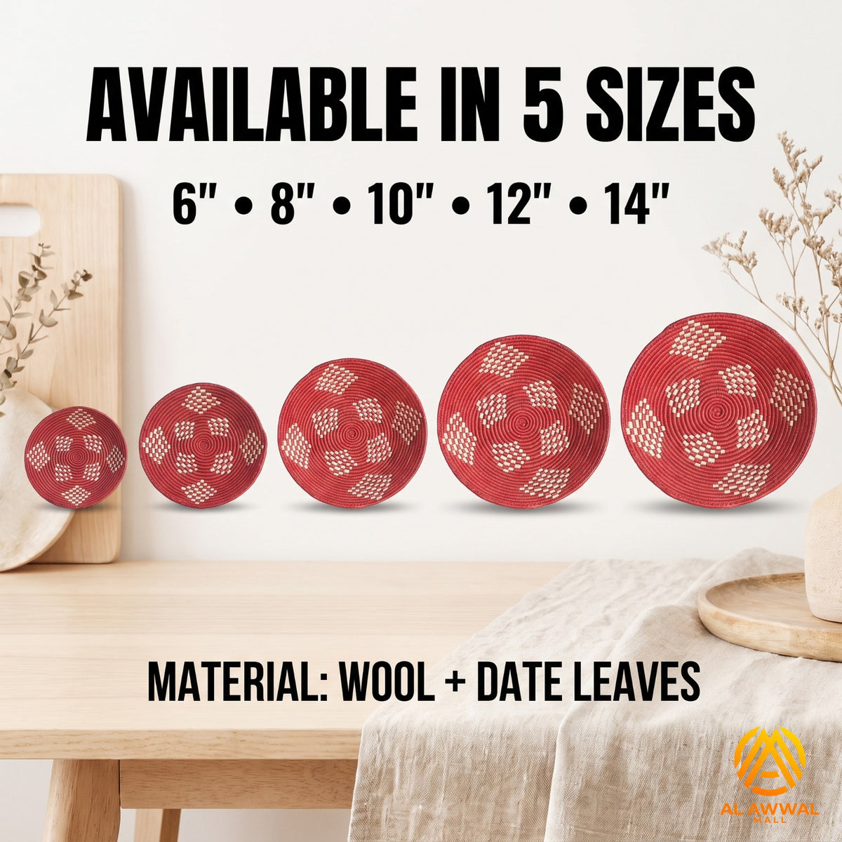 Handmade Dried Date Leaves Wall Hanging in Red with Cream Dotted Details