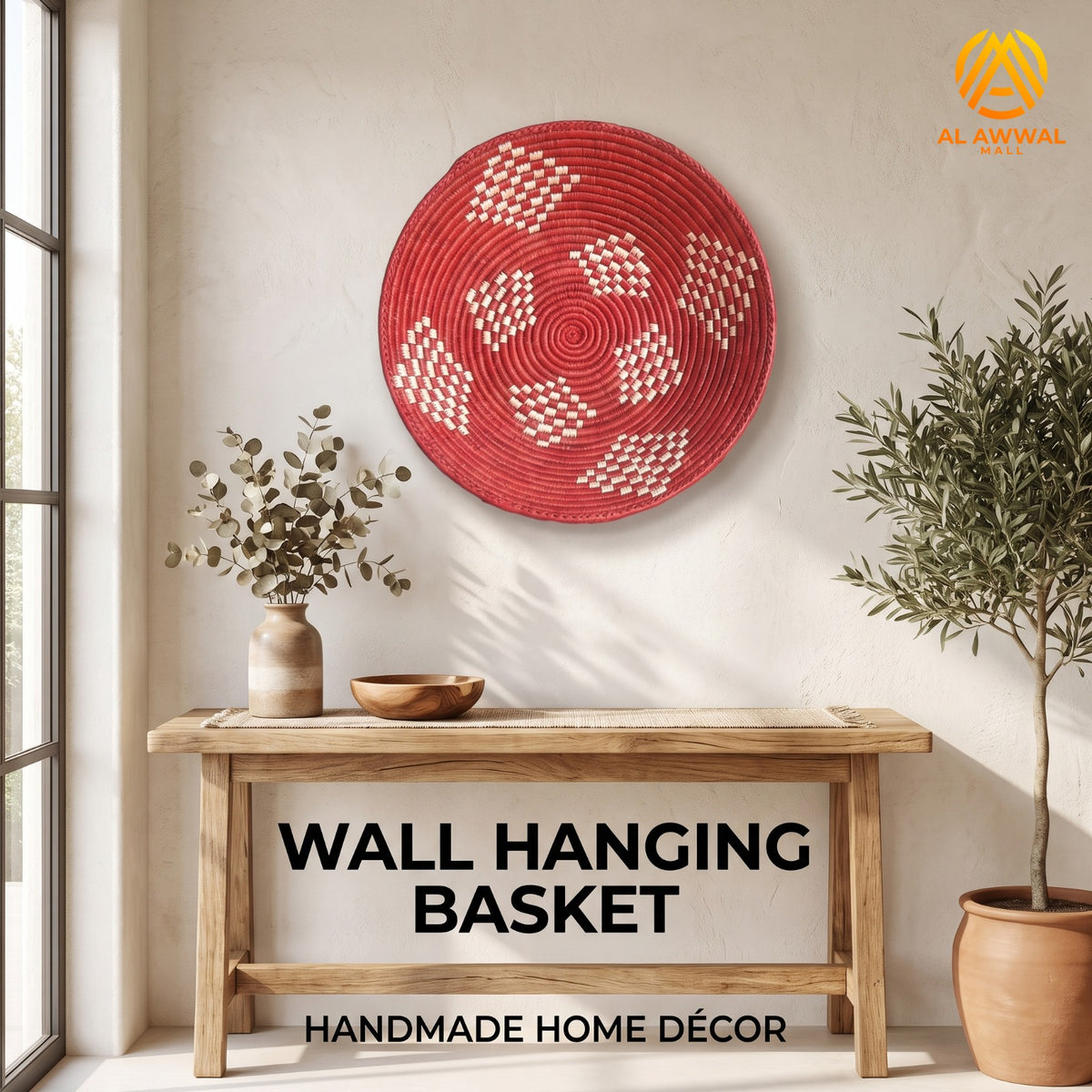 Handmade Dried Date Leaves Wall Hanging in Red with Cream Dotted Details