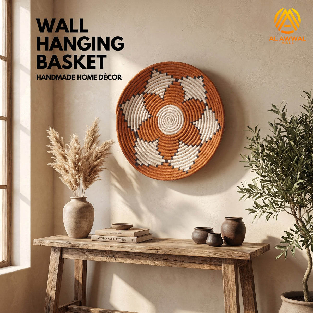 Handmade Dried Date Leaves Wall Hanging with Mustard and Cream Star Design