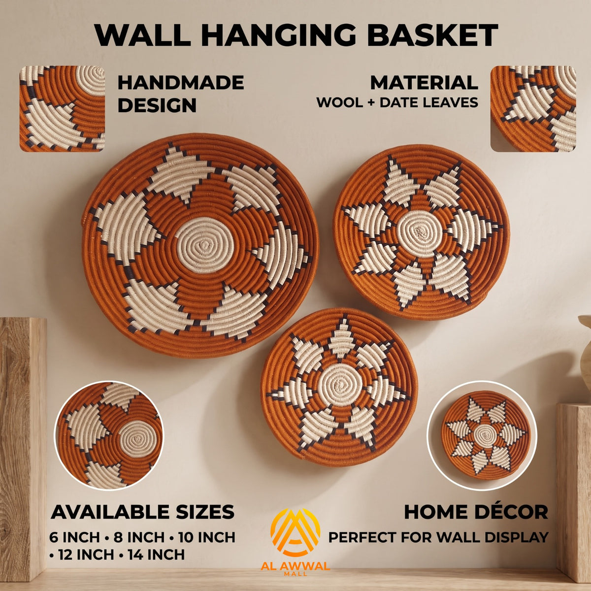 Handmade Dried Date Leaves Wall Hanging with Mustard and Cream Star Design