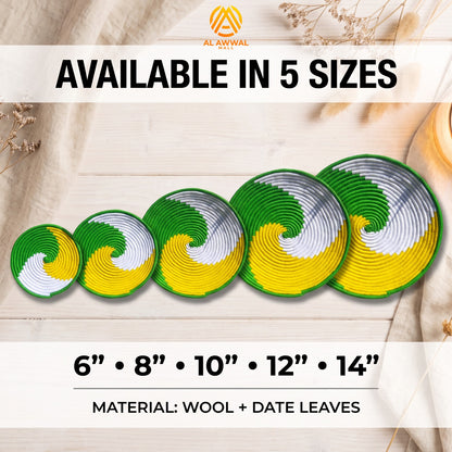Handmade Dried Date Leaves Wall Hanging with Green, Yellow and White Wavy Wool Design