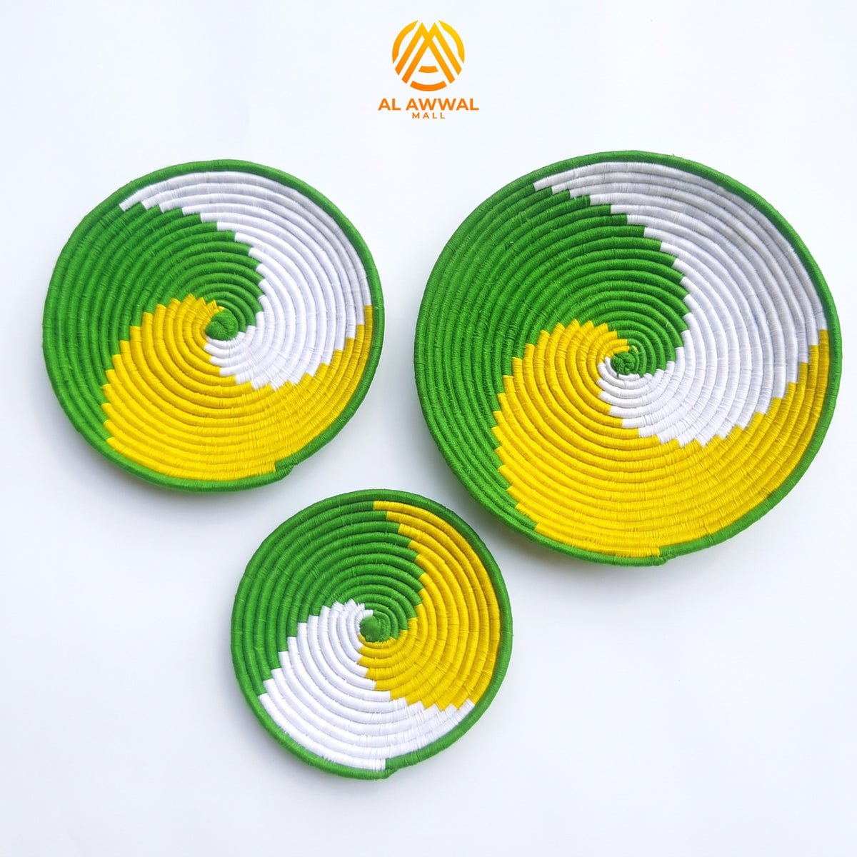 Handmade Dried Date Leaves Wall Hanging with Green, Yellow and White Wavy Wool Design