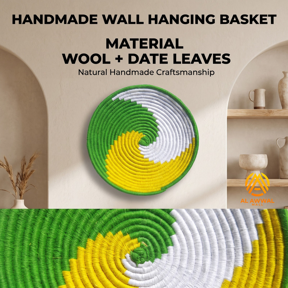 Handmade Dried Date Leaves Wall Hanging with Green, Yellow and White Wavy Wool Design