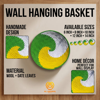 Handmade Dried Date Leaves Wall Hanging with Green, Yellow and White Wavy Wool Design