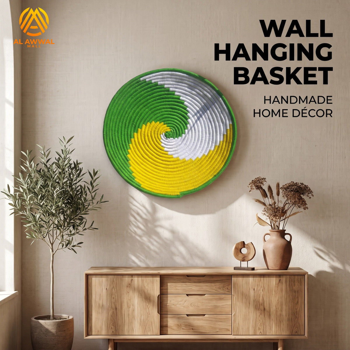 Handmade Dried Date Leaves Wall Hanging with Green, Yellow and White Wavy Wool Design