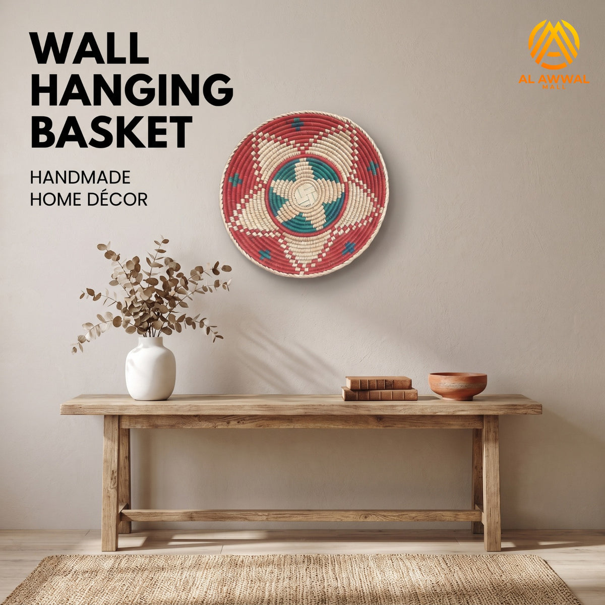 Handmade Dried Date Leaves Wall Hanging with Two-Layer Star Design in Blue, Red and Cream