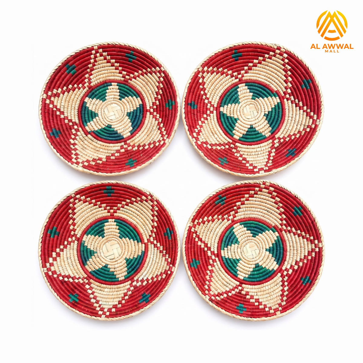 Handmade Dried Date Leaves Wall Hanging with Two-Layer Star Design in Blue, Red and Cream