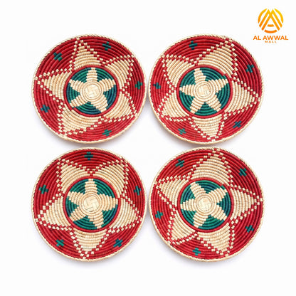 Handmade Dried Date Leaves Wall Hanging with Two-Layer Star Design in Blue, Red and Cream